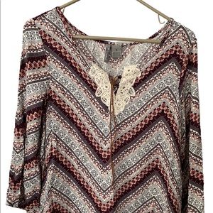 New Directions Boho Style Blouse 3/4 Sleeves Multicolor Chevron Pattern Small
